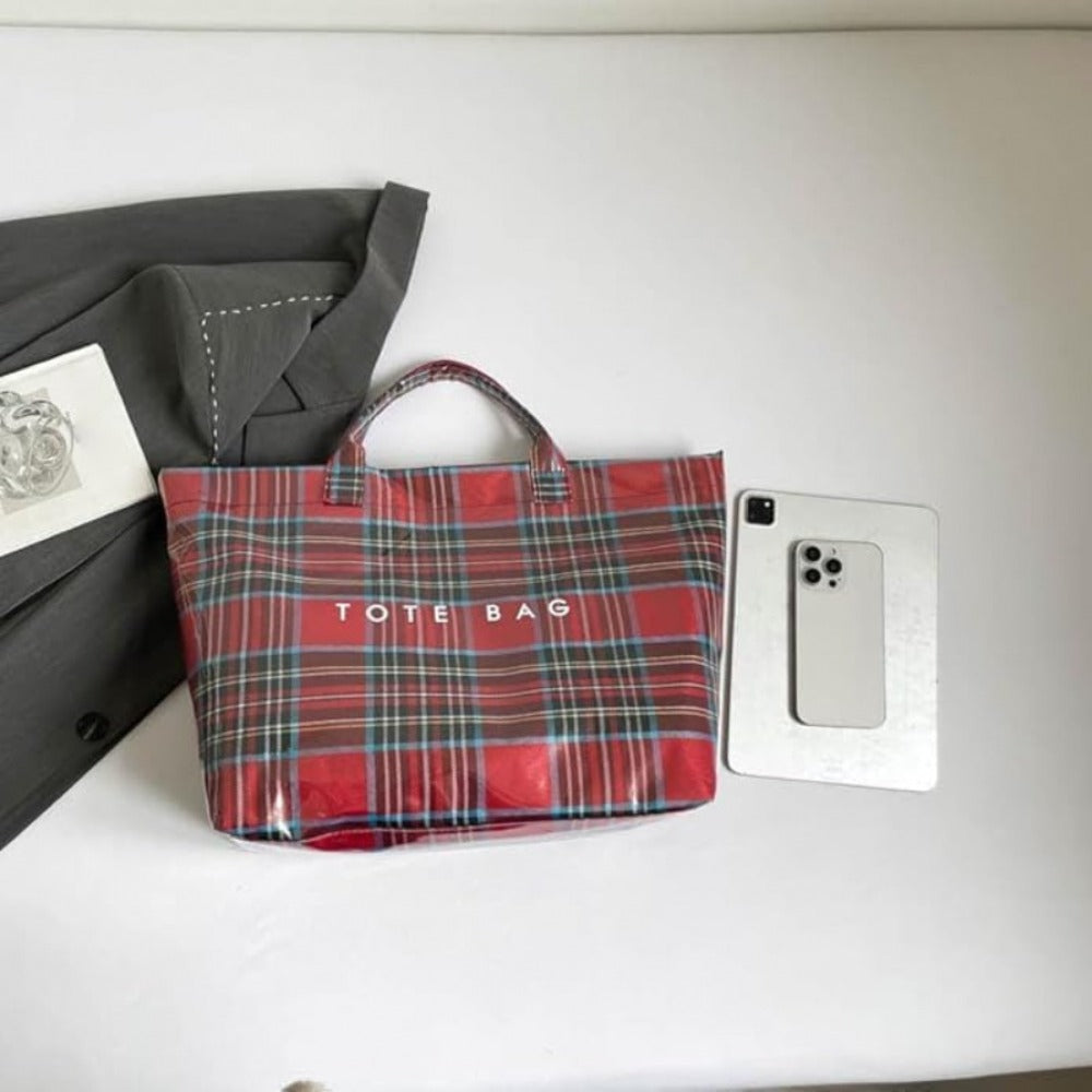 PVC Plaid Tote Bag Christmas Letter Print Tote Bag for Women Fashion Handbag for Shopping Christmas Market