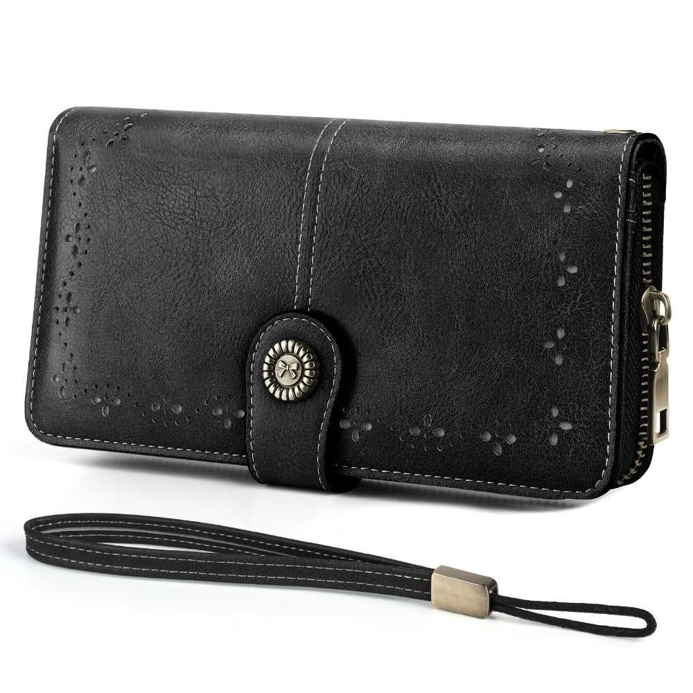 1 Pc RFID Blocking Retro Large Capacity Long Wallet PU Solid Color Women's Purse Multi-Functional Zipper Wallet with Wrist Strap Passport Ticket Credit Card Holder Can Accommodate Large Screen Phone