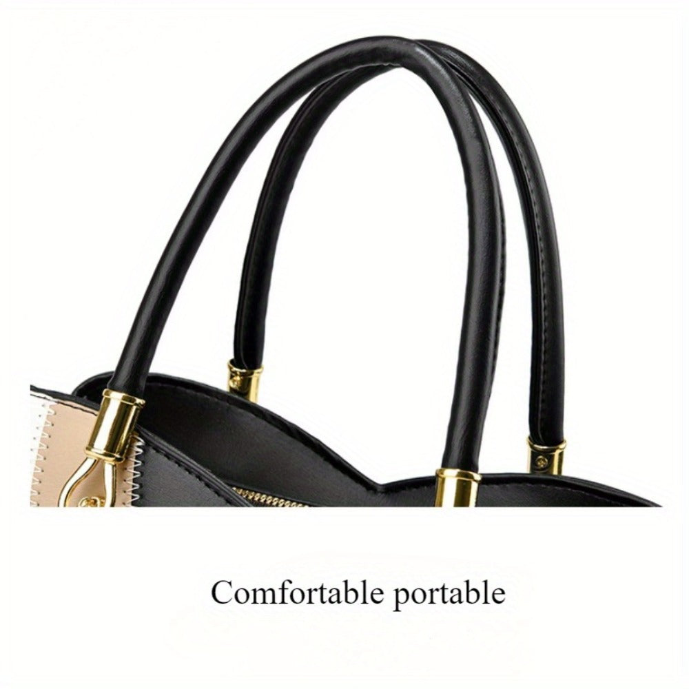 Colorblock Top-Handle Satchel Bag for Women - Faux Leather Purse with Zipper Closure, Large Capacity Shoulder Tote with Messenger Strap and Edge Paint Detail, Fashionable Handbag