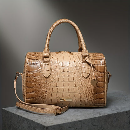Gradient Crocodile Embossed Boston Bag for Women, Vintage Glossy Synthetic Leather Barrel Handbag with Detachable Crossbody Strap, Luxury Top Handle Shoulder Purse, Large Capacity Daily Commute Handbags