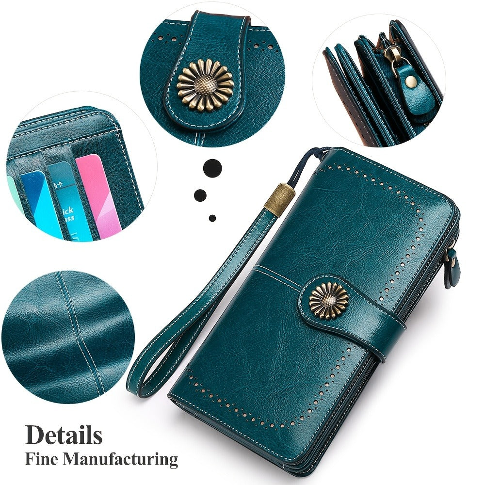 Wallets for Women RFID Blocking, Long Genuine Leather Wallet with 24 Card Slots & Phone Pocket, Large Capacity Zipper Wristlet, Gift Box for Daily Use, Sunflower Print
