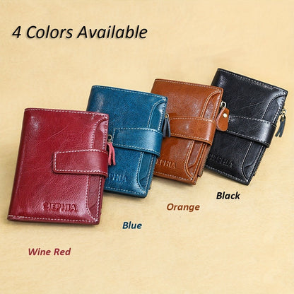 Solid Color Genuine Leather Compact Trifold Wallet With Rfid Blocking, Detachable Id Window & Multi-Card Slots