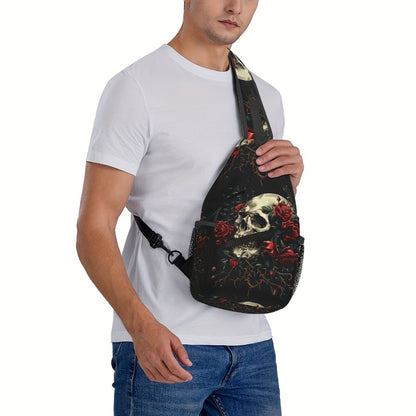 Crossbody Chest Hiking Backpack Skull And Red Roses Shoulder Folding Large Capacity Fashion Durable Can Be Used For Shopping, Work, Travel Beach Fishing Backpack Halloween Travel Backpack For School Back Christmas Gifts