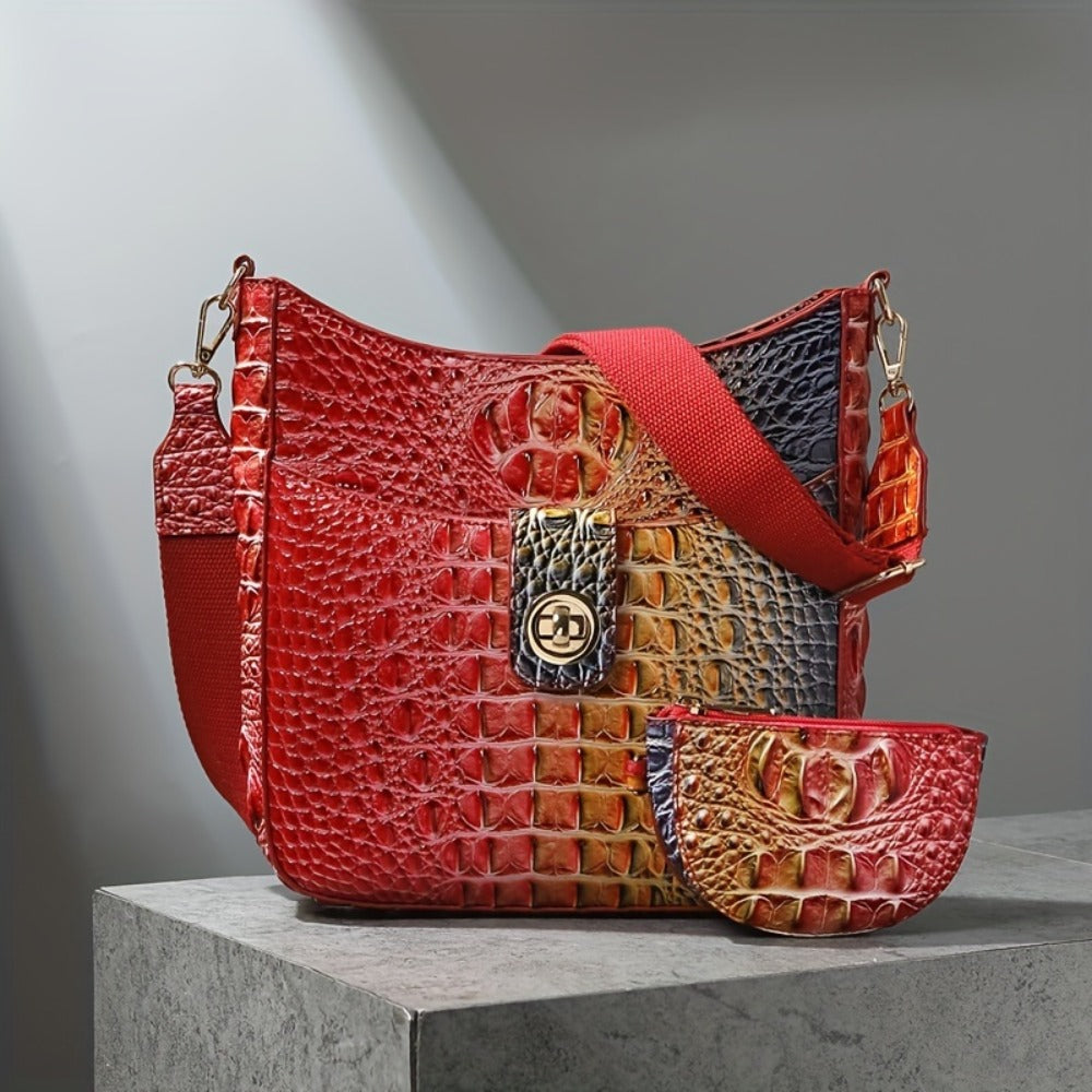 Trendy Crossbody Bag with Crocodile Pattern - Premium Bucket And Coin Purse Style - Multi-Purpose Shoulder Bag Suitable for Any Event