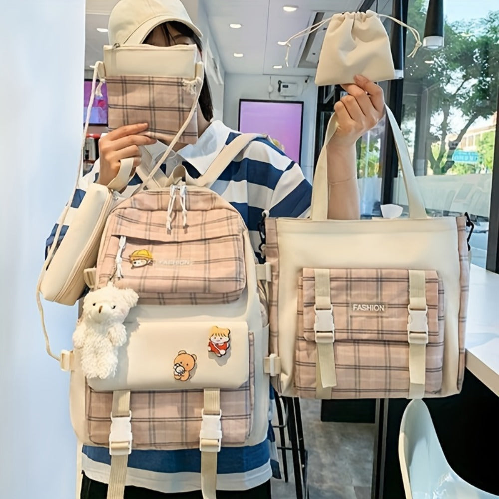 Cute Plaid Cartoon Canvas Five-Piece School Bag, Large Capacity Casual Simple Backpack, Women's Travel Bag Cosmetic Bag, for Girls And Women, Adaptable Stationery Bag, Women's Wallet, Women's Crossbody Bag, Women's Hand Bag (No Bear Pendant)
