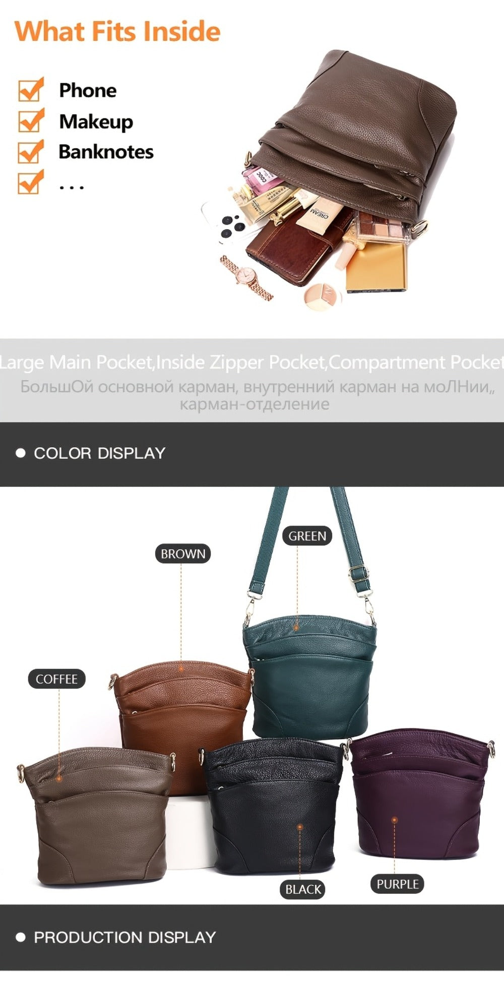 [Elegant Style] Genuine Leather Women'S Crossbody Bag, Double Pockets, Detachable Shoulder Strap, Zipper Closure, Multi-Functional Shoulder Bag, Satchel Bag