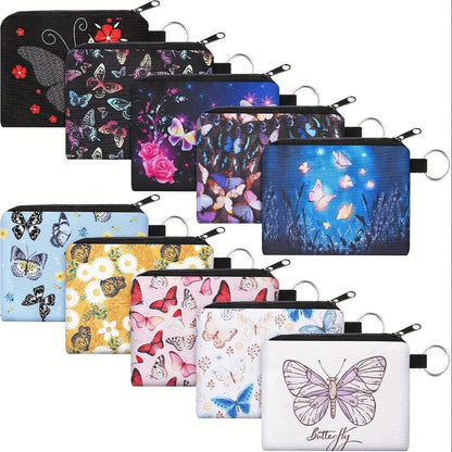 10pcs Small Purse Wallet for Women Bulk Boho Change Purse Mini Pouches Wallet Bag with Zipper for Women (Butterfly And Flower)