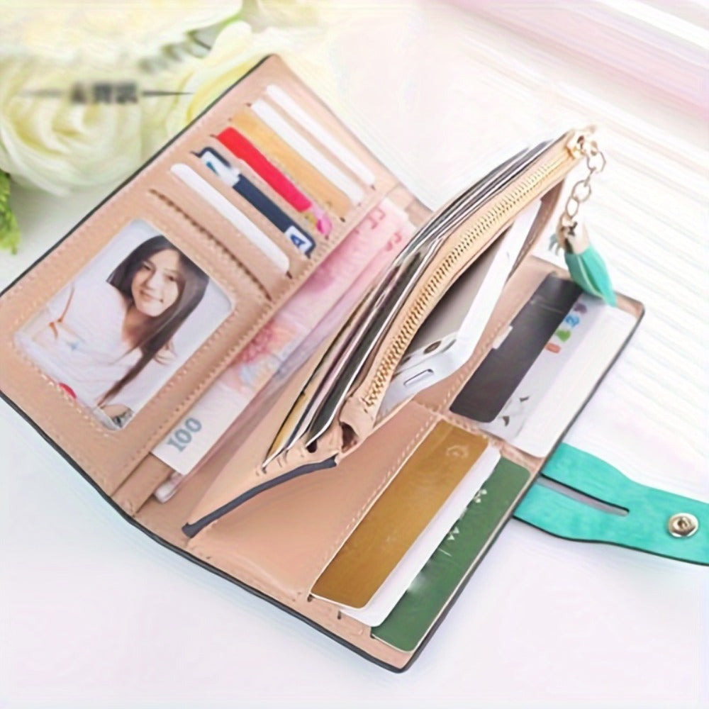 Women Vegan Wallet Bifold Clutch Large Capacity Card Organizer Buckle Long Purse for Candy Color