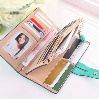 Women Vegan Wallet Bifold Clutch Large Capacity Card Organizer Buckle Long Purse for Candy Color