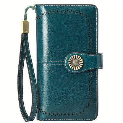 Wallets for Women RFID Blocking, Long Genuine Leather Wallet with 24 Card Slots & Phone Pocket, Large Capacity Zipper Wristlet, Gift Box for Daily Use, Sunflower Print