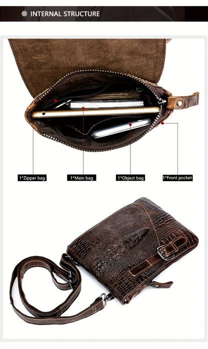 1pc Crocodile Pattern Men's Genuine Leather Messenger Bag Cow Genuine Leather Shoulder Bag Retro Multi-Functional Messenger Bag
