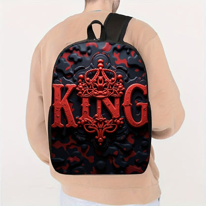 1 Summer Printed Men's Backpack - "KING" Design, Bright Red and Black Blocks, Cool and Practical, Suitable for Students and Young Professionals, Casual Day Backpack | Backpack, Valentine's Day Gift