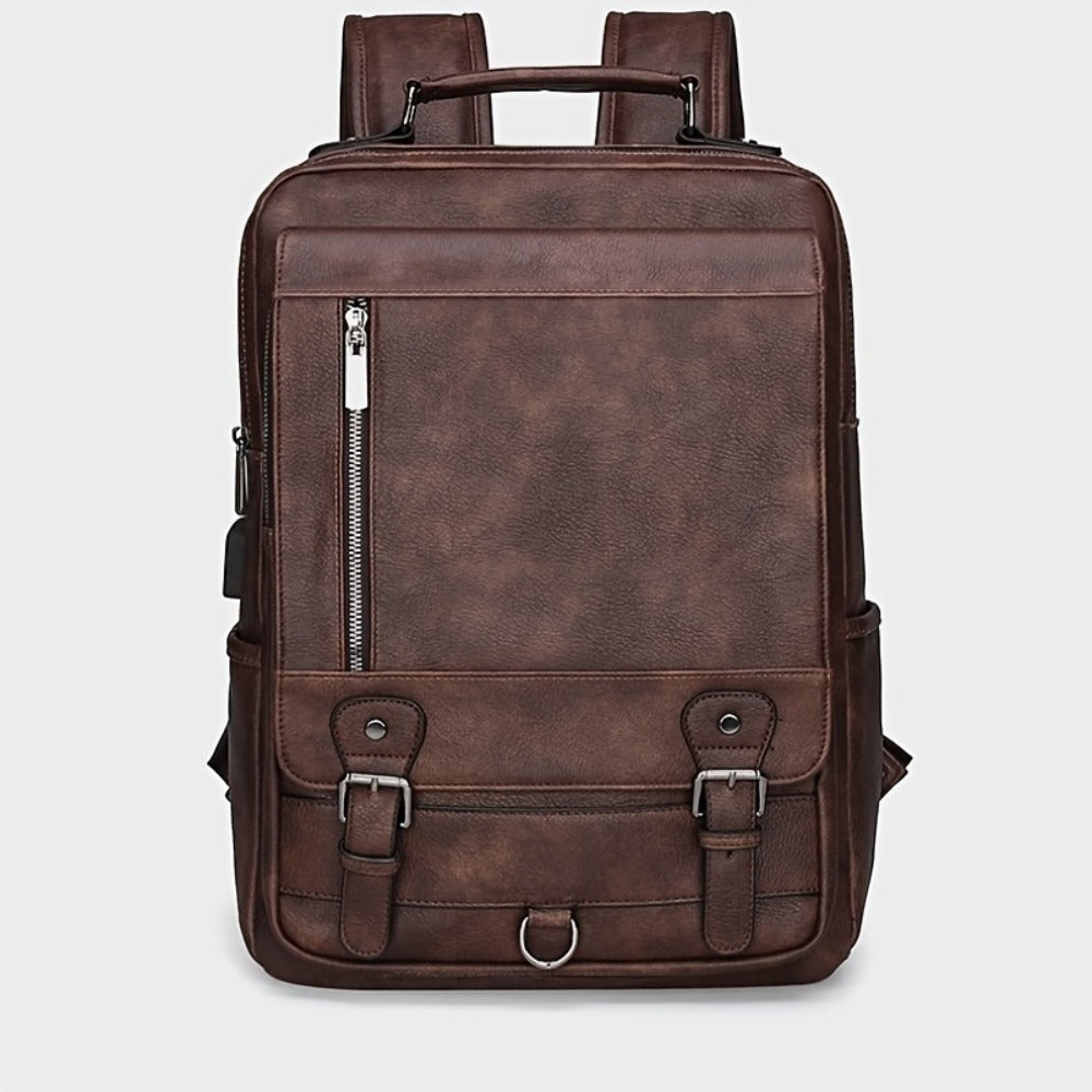 Retro PU Backpack With USB Function, And Stylish Casual Backpack, Suitable For Commuting And Office, Can Accommodate 15.6-inch Laptops