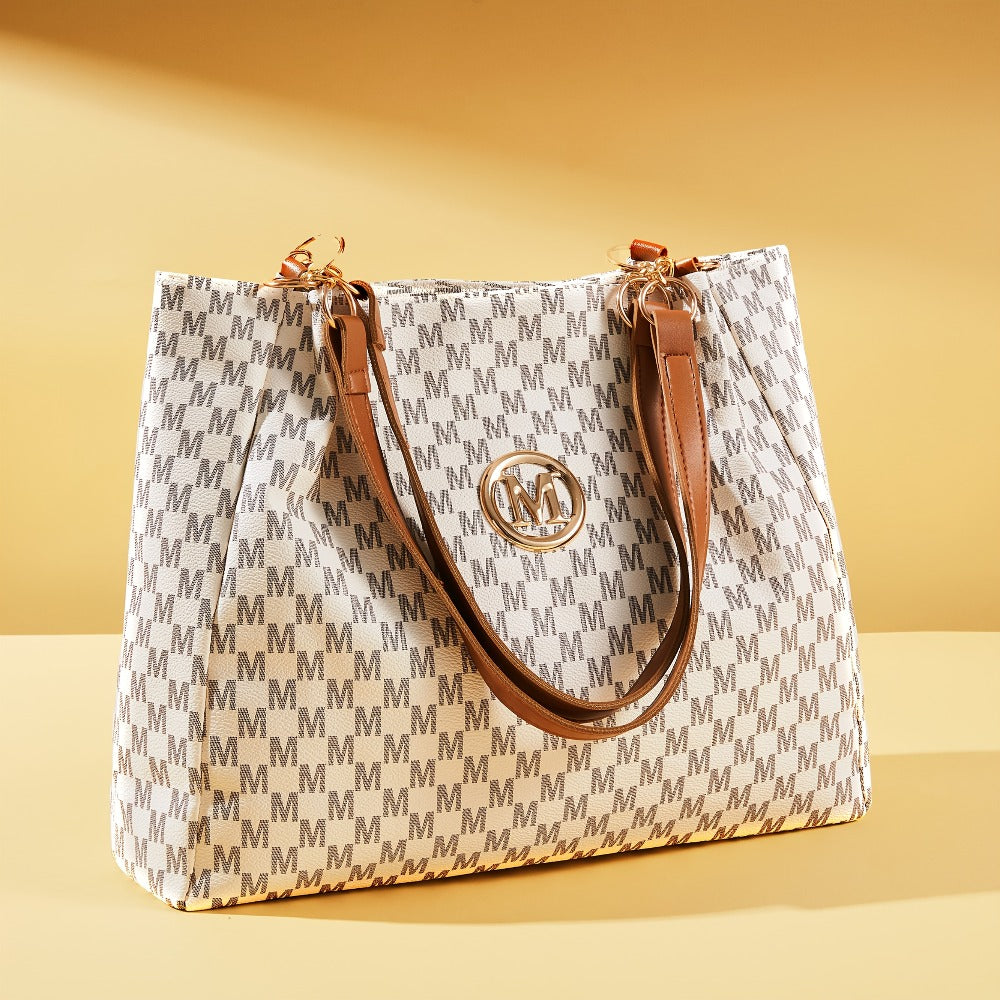 Women's PU Large Capacity Vintage Tote & Crossbody Bag with M Print Character & Hardware - Retro Shoulder Handbag Suitable for Travel,,, Machine Washable, Zipper Closure, //