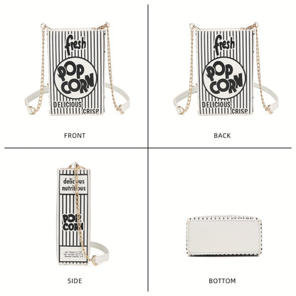 Trendy Popcorn Box Design Handbag for Women, Featuring a Crossbody Style with a Chain Strap, a Distinctive Square Shape, And an Adjustable Wallet