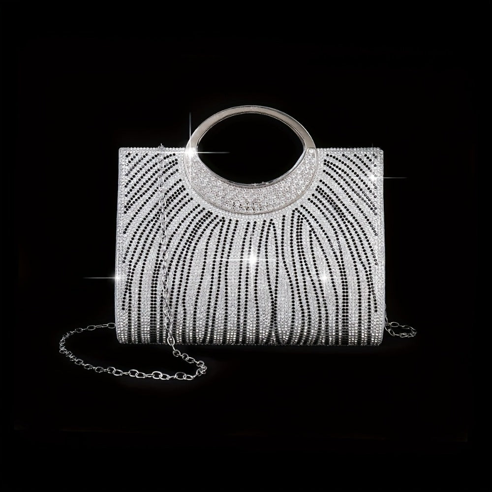 4-Item Collection: Trendy Women'S Evening Purse, Glossy Striped Tote, Bridal Party Clutch, Night Out Bag, Dress Purse, Shoulder Tote, Wedding Season Dazzling Jewelry Set Including Necklace, Earrings, And Bracelet