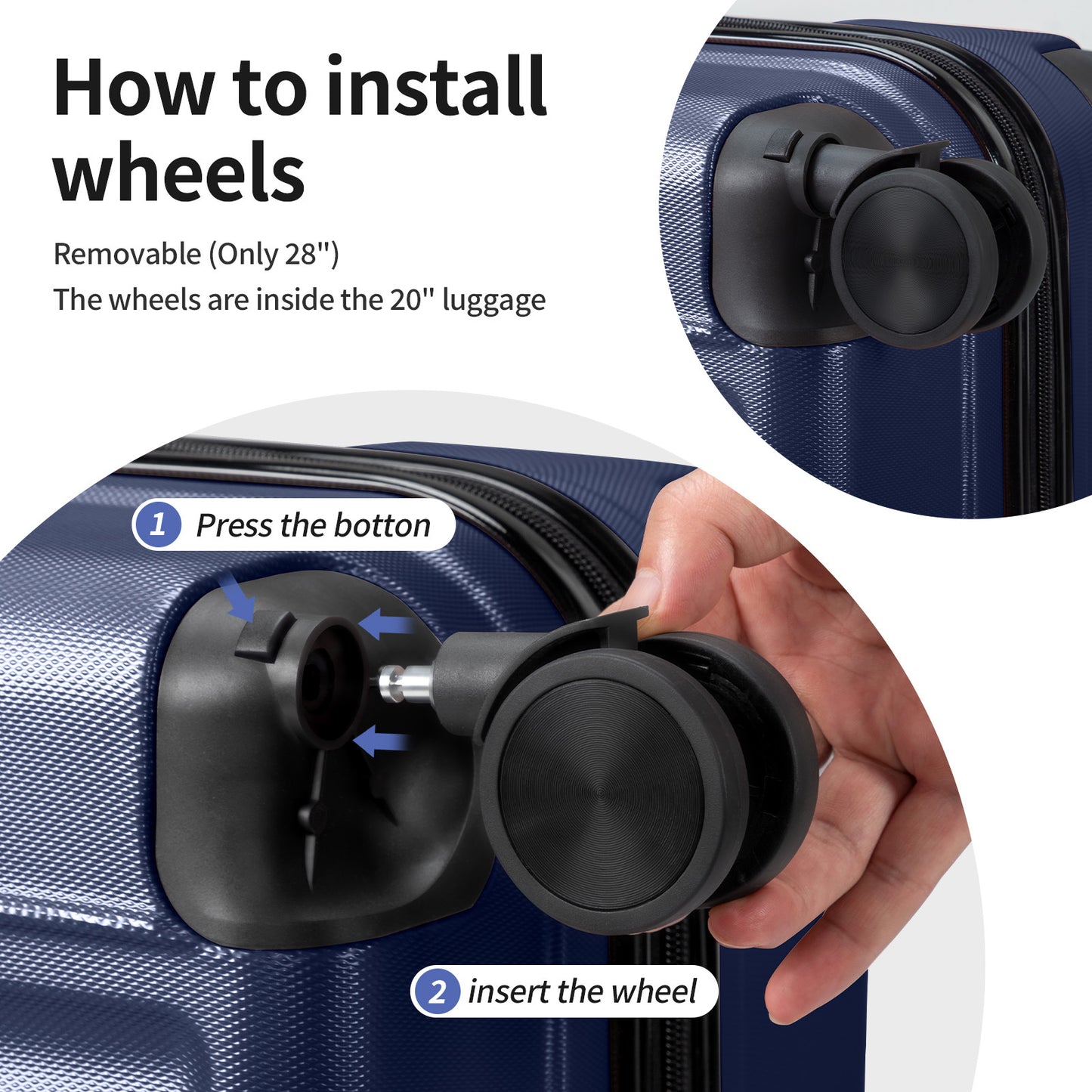 3in1 Luggage Set with Detachable Wheels, 20/24/28 Inch Lightweight ABS Suitcase with Lock & Spinner Wheels, Durable Travel Trolley Bag, 28-inch Disassembly Wheels
