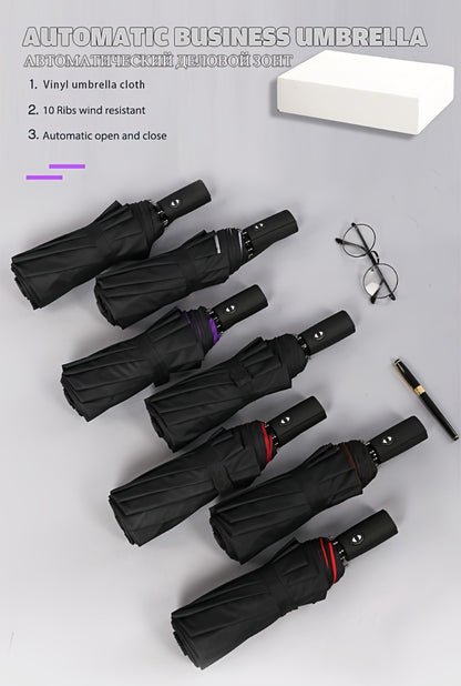 Three-Fold Automatic Folding Windproof Umbrella, Men And Women Increased Reinforcement Thickened Two-Person Business Sunny And Dual-Purpose Umbrella