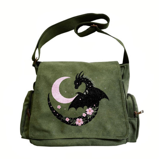 Large-capacity Flip-top Retro Tote Messenger Bag | Black Dragon Surrounded by Pink Moon with Cherry Blossom Pattern, Suitable for Daily Travel and Dating, Ideal Gift Choice, Material