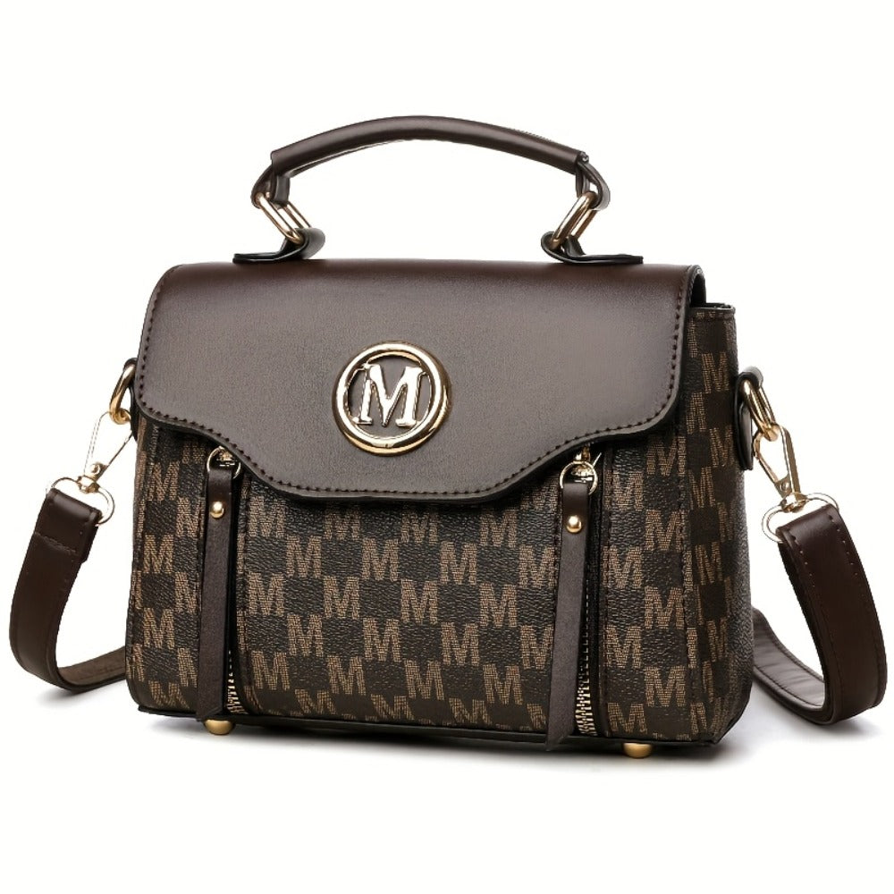 Vintage Geometric Women's Handbag - Large Capacity PU Shoulder Bag with Golden Hardware, Herringbone Pattern and "M" Letter Design, Removable Shoulder Strap for Daily Use (Light Brown/ White/ Black)