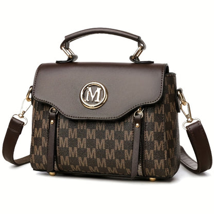 Vintage Geometric Women's Handbag - Large Capacity PU Shoulder Bag with Golden Hardware, Herringbone Pattern and "M" Letter Design, Removable Shoulder Strap for Daily Use (Light Brown/ White/ Black)