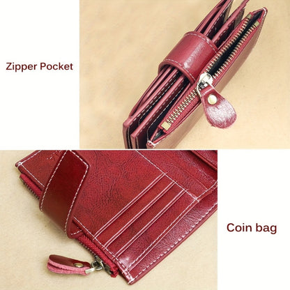 Solid Color Genuine Leather Compact Trifold Wallet With Rfid Blocking, Detachable Id Window & Multi-Card Slots