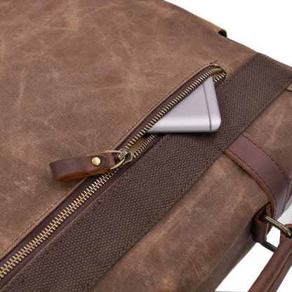 Mens Messenger Bag 15.6 Inch High Quality Vintage Genuine Leather Waxed Canvas Briefcase Large Leather Computer Laptop Bag Rugged Satchel Shoulder Bag