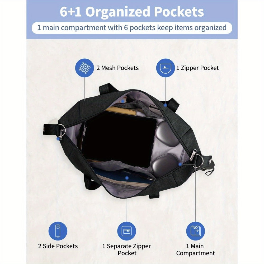 Large Travel Duffle Bag Compatible for Business Trips, Gym & Airplane Carry-On with Wet/Dry Shoe Compartment, Laptop Pocket & Detachable Strap - Heavy-Duty Gym Bag,, Shoe Section & Tech Pocket Organization