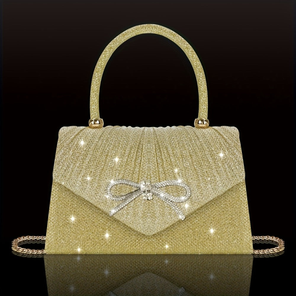 [Elegant Sequin Clutch Set] Elegant Champagne Sequin Clutch with Rhinestone Bow - Matching Rhinestone Earrings, Necklace & Bracelet Set | Ideal Valentine's Day Gift for Women, Party Accessory | Detailed Closure