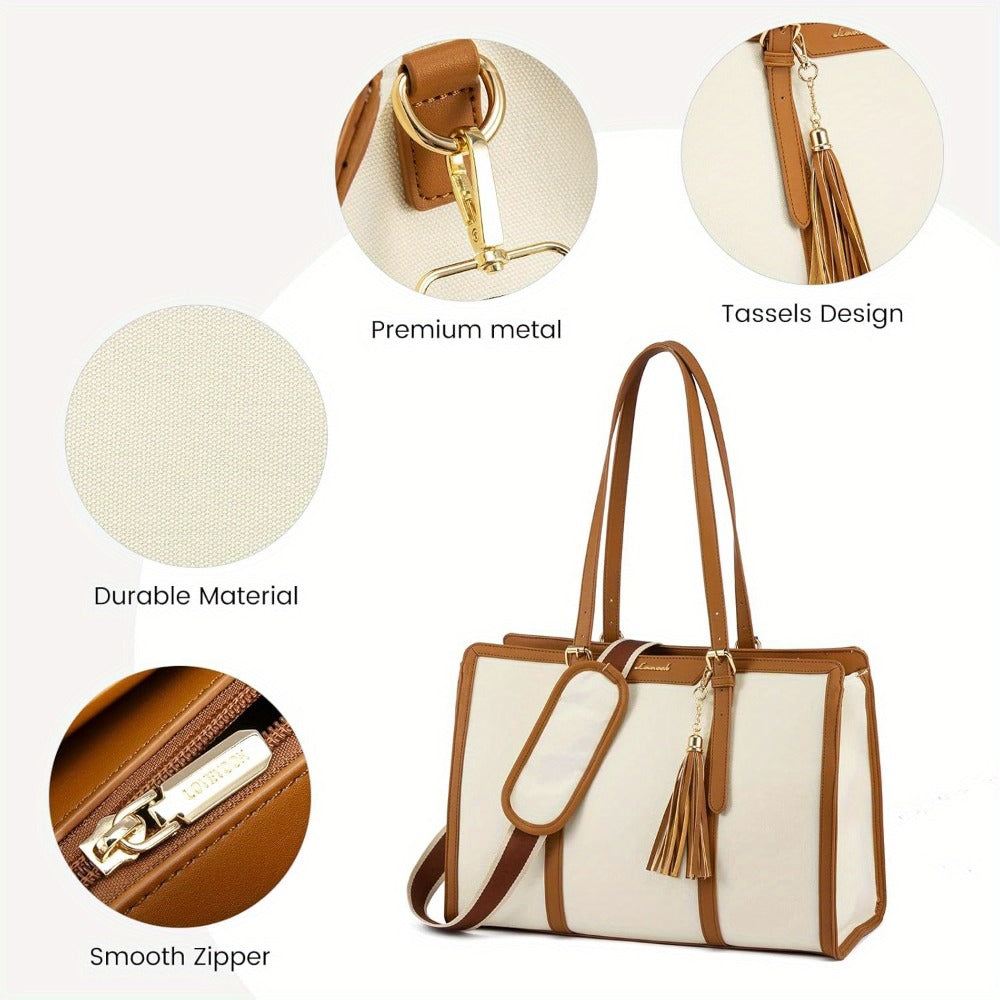 [Canvas Leather Laptop Tote] LOVEVOOK 15.6 inch Canvas Leather Laptop Tote Bag for Women - Computer bag with Clutch Purse for Business, Travel, Casual