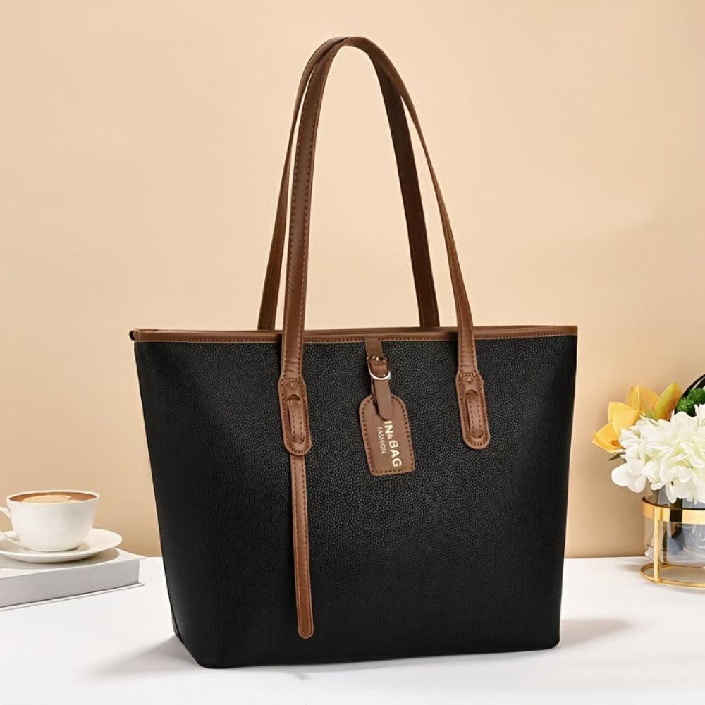 Women's Minimalist Large Capacity Tote Bag - Black with Brown Accents, Durable & Zipper Closure, Sturdy Fixed Shoulder Straps for Office, Commute, Work & Casual Use