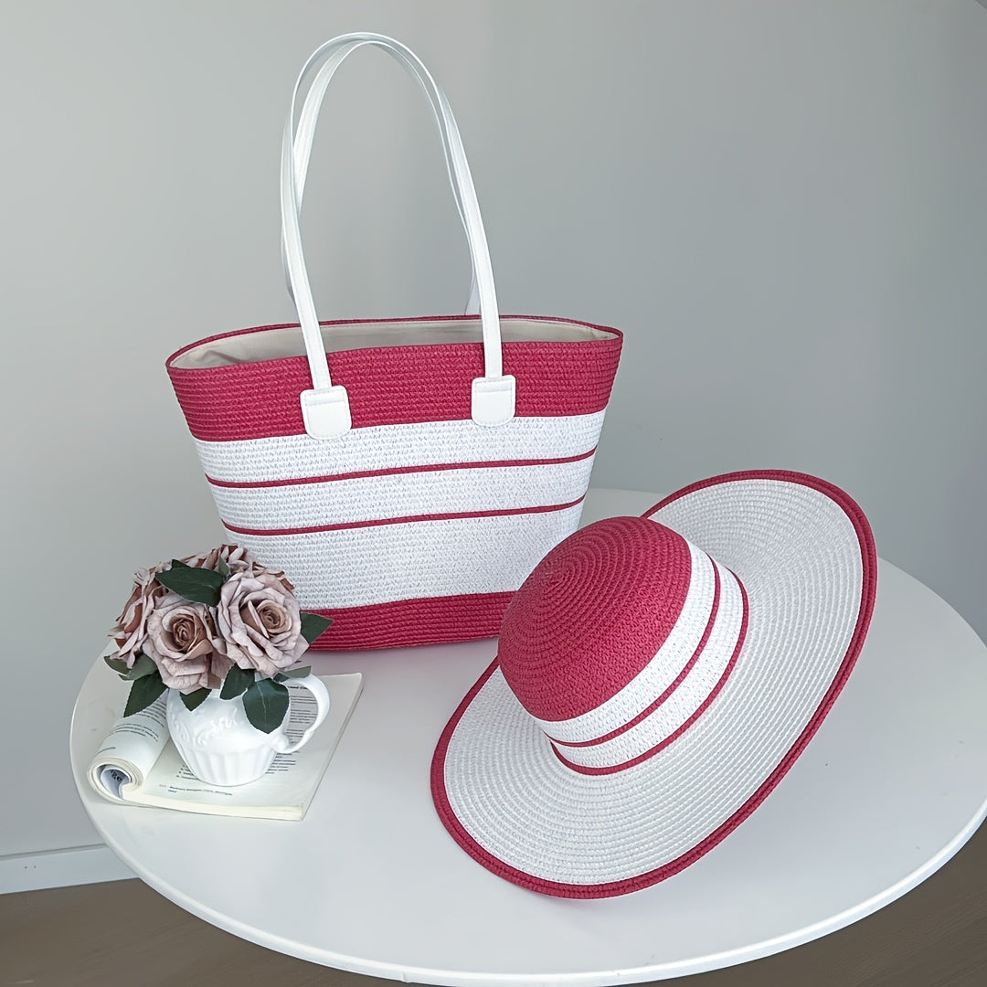 Casual Straw-Woven Women'S Tote Bag And Straw Hat Two-Piece Set, Wide-Brimmed Sun Hat And Large-Capacity Tote Bag, Beach Sun Protection Straw Bag Set, Fashionable Seaside Vacation Straw Two-Piece Set