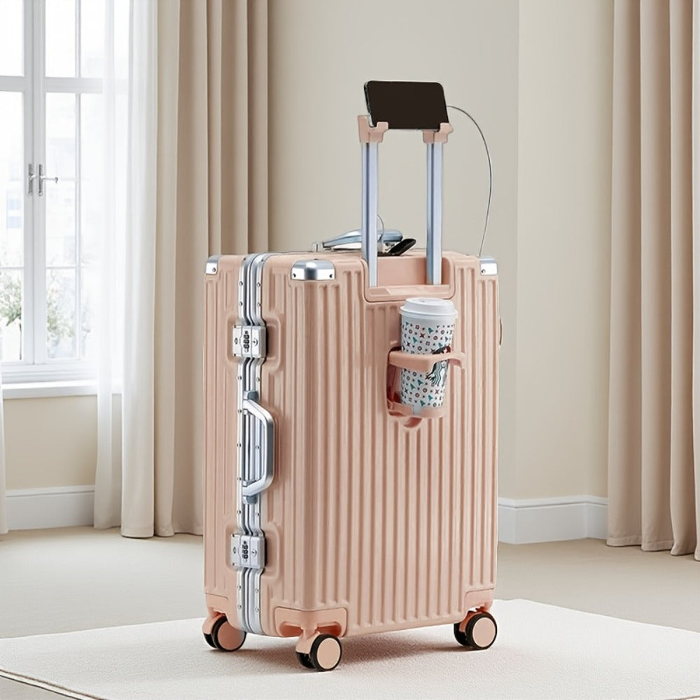 Aluminum Alloy Frame Abs+Pc Hard Shell Spinner Suitcase with Built In TSA Approved Lock Features Cup Holders And USB Ports 20 Inch Carry On Size for Airline Travel Durable And Scratch Resistant