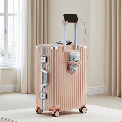 Aluminum Alloy Frame Abs+Pc Hard Shell Spinner Suitcase with Built In TSA Approved Lock Features Cup Holders And USB Ports 20 Inch Carry On Size for Airline Travel Durable And Scratch Resistant