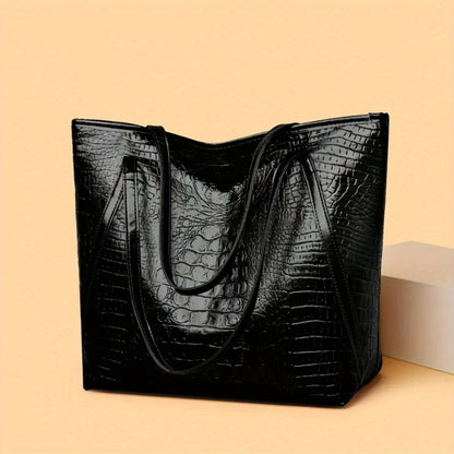 Stylish Black Crocodile-Print Women's Handbag - Large Capacity Scratch-Resistant Tote with Zipper Closure, Fixed Shoulder Strap & Cosmetic Pouch for Shopping, Commuting, Parties