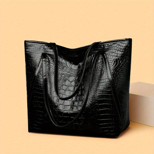 Stylish Black Crocodile-Print Women's Handbag - Large Capacity Scratch-Resistant Tote with Zipper Closure, Fixed Shoulder Strap & Cosmetic Pouch for Shopping, Commuting, Parties