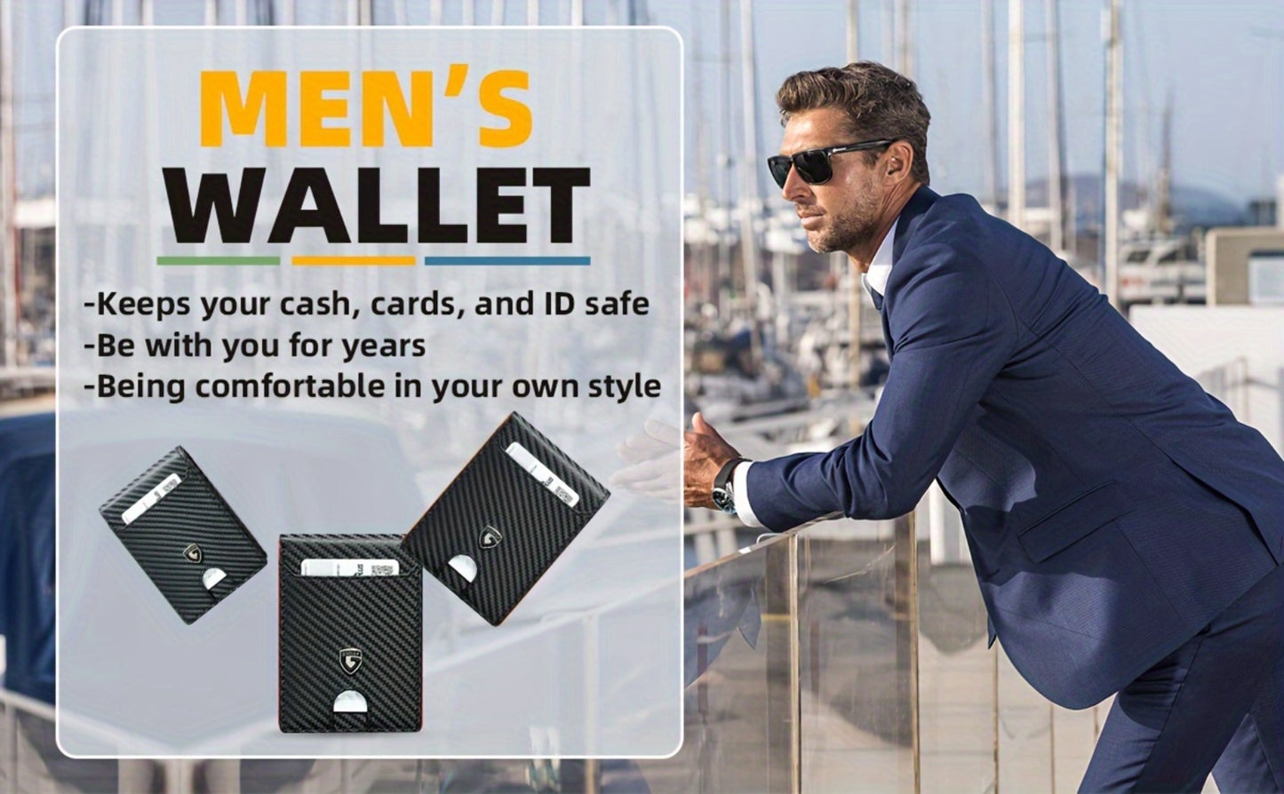 A Minimalist Ultra-thin Leather Wallet For Men With RFID Blocking, Double Folding Credit Card Holder With A Carbon Fiber Appearance, Comes With A Gift Box.