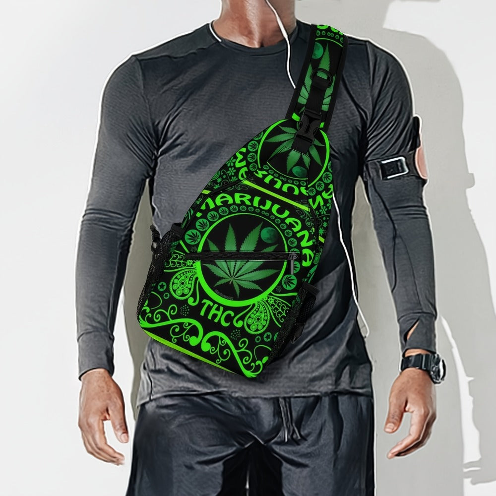 Green Leaf Flag Weeds Large Men'S Crossbody Bag, Chest Bag, Stylish And Durable, Casual And Versatile Chest Bag, with Zipper, Suitable for Leisure Vacation, Outdoor Sports And Daily Travel 2D Flat Printing