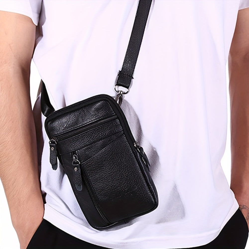 Men's Genuine Leather Sling Bag Belt Pack with Multi-Layer Crossbody Waist Pack Suitable for Daily Use, Outdoor Travel & Business - Adjustable Strap, Secure Zipper Closure, Hands-Free Carry - Top Layer Cowhide ()