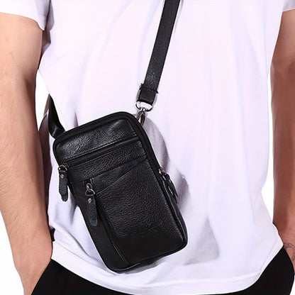 Men's Genuine Leather Sling Bag Belt Pack with Multi-Layer Crossbody Waist Pack Suitable for Daily Use, Outdoor Travel & Business - Adjustable Strap, Secure Zipper Closure, Hands-Free Carry - Top Layer Cowhide ()
