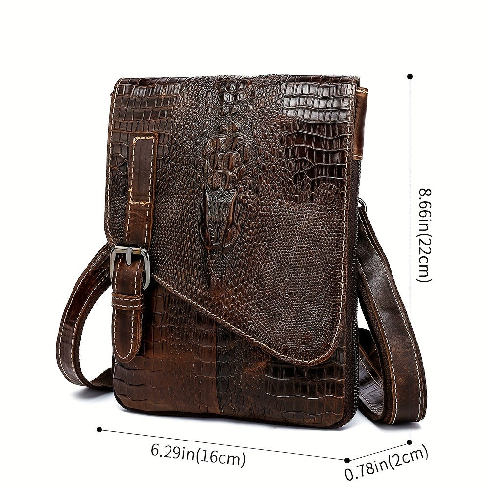 1pc Crocodile Pattern Men's Genuine Leather Messenger Bag Cow Genuine Leather Shoulder Bag Retro Multi-Functional Messenger Bag