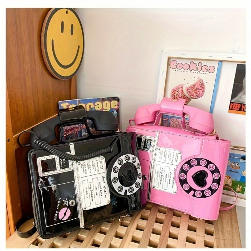 Creative And Stylish PU Glossy Chic Retro Telephone-Shaped Cross Body Bag For Women - Fashionable Simulated Body Bag, Irregular Bag, Shoulder Purse, Comb Bag, Available In Black, Red, Pink. A Perfect Birthday Gift For Your Best Friend Or Family