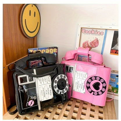 Creative And Stylish PU Glossy Chic Retro Telephone-Shaped Cross Body Bag For Women - Fashionable Simulated Body Bag, Irregular Bag, Shoulder Purse, Comb Bag, Available In Black, Red, Pink. A Perfect Birthday Gift For Your Best Friend Or Family