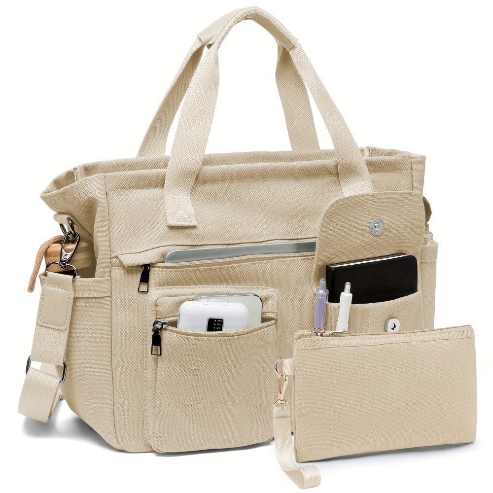 2pcs Set: Women's Large Canvas Tote Bag, Perfect as a Laptop Bag, Crossbody Shoulder Bag, Hobo Messenger Bag, Handbag, Travel Bag, Gym Tote Work Travel