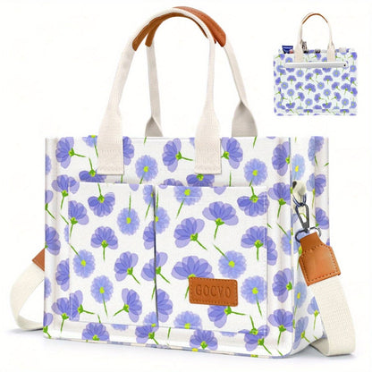 Chic Floral Canvas Tote Bag for Women, Versatile Shoulder & Crossbody Laptop Handbag, Sturdy Handle Construction, Multiple Pockets, Perfect for Work and Daily Commuting
