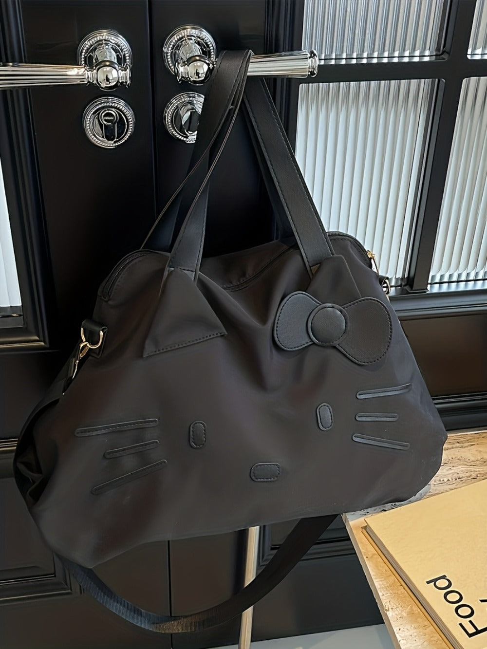 Sanrio Hello Kitty 2025 New Large Capacity Tote Bag - Detachable Shoulder Strap, Lightweight Nylon Material, Designed for Women, Black And White Color Scheme, Zipper Closure, Machine Washable, Suitable for Work, Commuting, And Travel, Playful Design