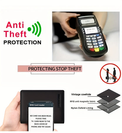 Genuine Leather Three-Fold Wallet for Men, 13 Card Slots with Anti-Theft Feature