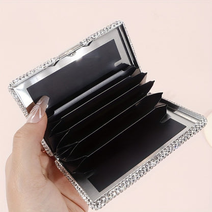 Anti Theft Diamond Inlaid Aluminum Alloy Card Box, High-Value Shiny Business Card Box with Artificial Diamonds, Women'S Anti Magnetic Portable Compact Card Box