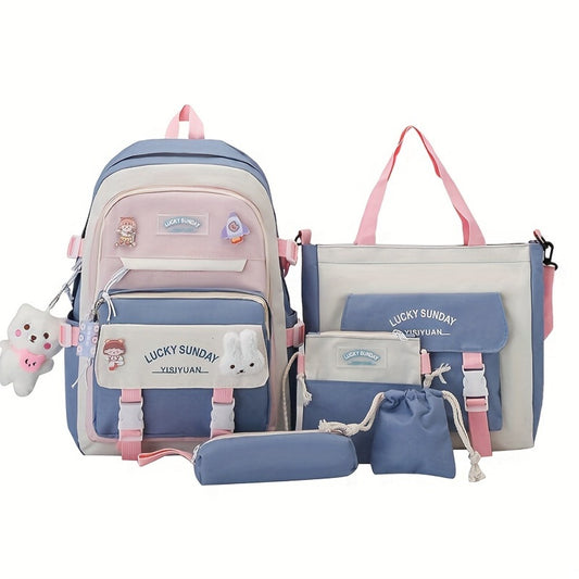 5pcs Solid Color Backpack, Teenager'S Travel Bag, Large Capacity Backpack, Easy Tote Bag, Pencil Case, Casual Crossbody Bag, Lightweight Student Shoulder Bag, for Teenager, For Teenager