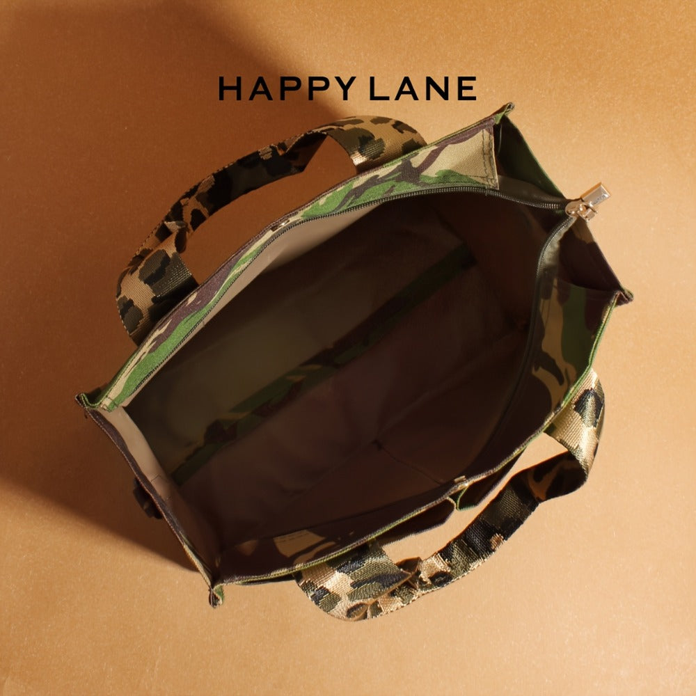 [HAPPY LANE Hot Item] Camouflage Handbag for Women, Green-Brown Camo Print, Comes with Matching Removable Wide Shoulder Strap, Metal Snap Closure, Large Capacity Tote Bag, Can Be Carried by Hand Or Worn Crossbody